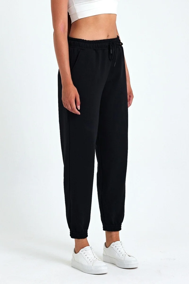 mmetalic Women's Black Cotton Thick Leg Elastic High Waist Casual Jogger Sweatpants