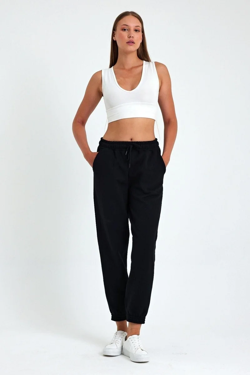mmetalic Women's Black Cotton Thick Leg Elastic High Waist Casual Jogger Sweatpants