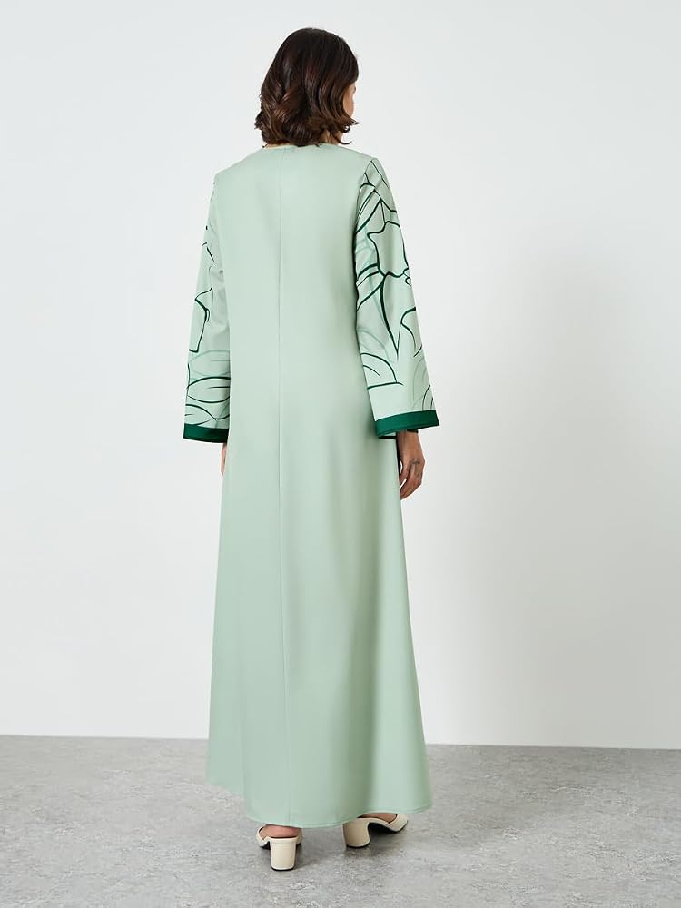 Styli Amirah Green Floral Print A-Line Jalabiya,Green,S - Image 5