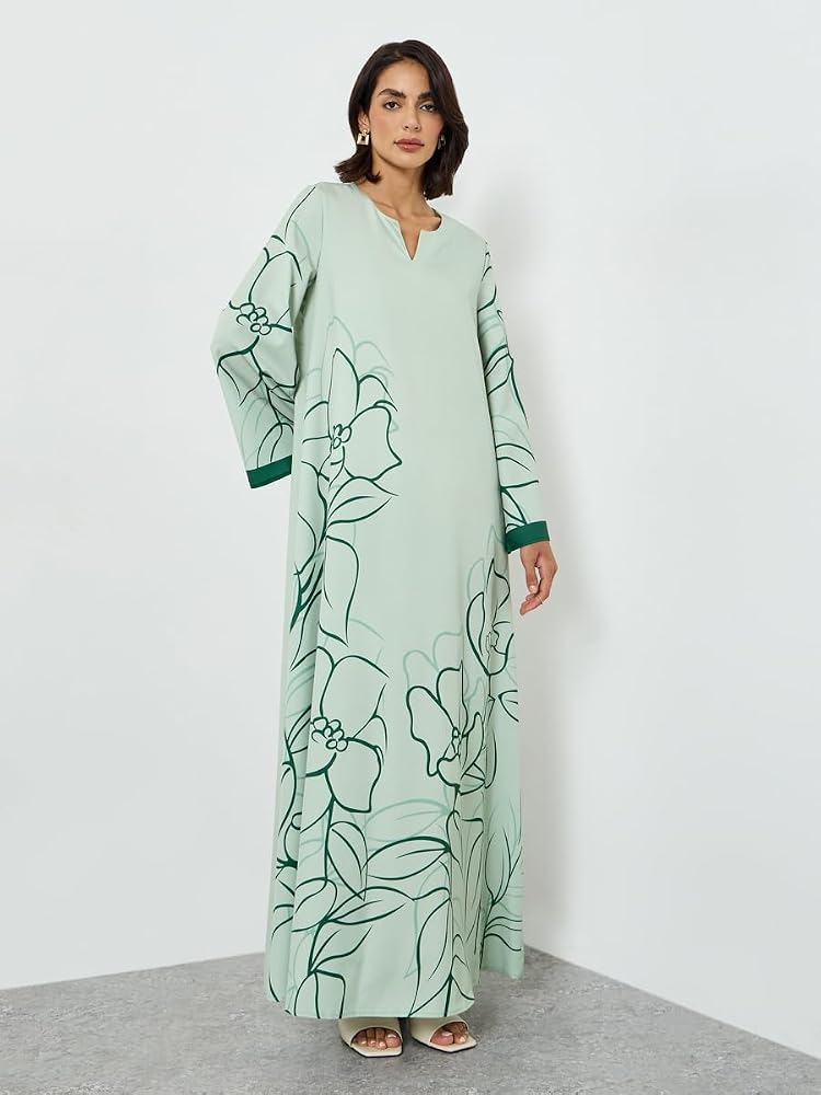 Styli Amirah Green Floral Print A-Line Jalabiya,Green,S - Image 3