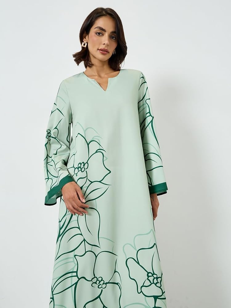 Styli Amirah Green Floral Print A-Line Jalabiya,Green,S - Image 2