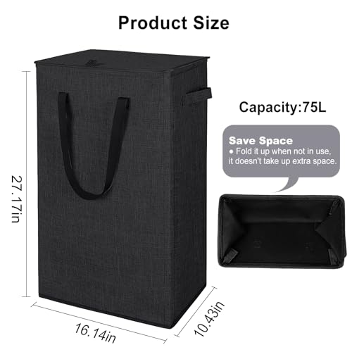 Odonata 75L Slim Laundry Hamper with Lid,Large Foldable Laundry Basket with Removable Bag and Handles Tall Collapsible Dirty Clothes Basket Great for Bedroom, Bathroom, Dorm, College,RV.(Black, 75L) - Image 2