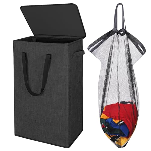 Odonata 75L Slim Laundry Hamper with Lid,Large Foldable Laundry Basket with Removable Bag and Handles Tall Collapsible Dirty Clothes Basket Great for Bedroom, Bathroom, Dorm, College,RV.(Black, 75L) - Image 1