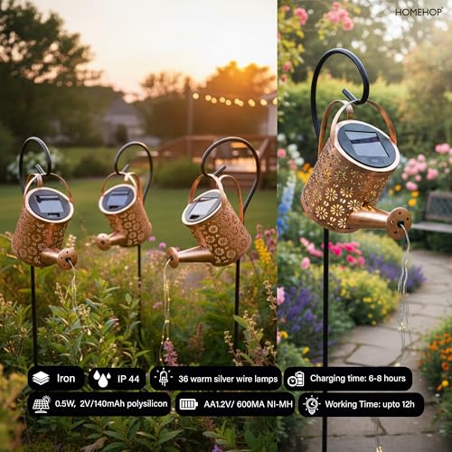 Homehop Solar Light Outdoor Garden Decor Watering Can Hanging Waterproof LED Decorative Kettle Shower String Lamp for Table Yard Pathway Gardening Gifts Iron Warm White - Image 2