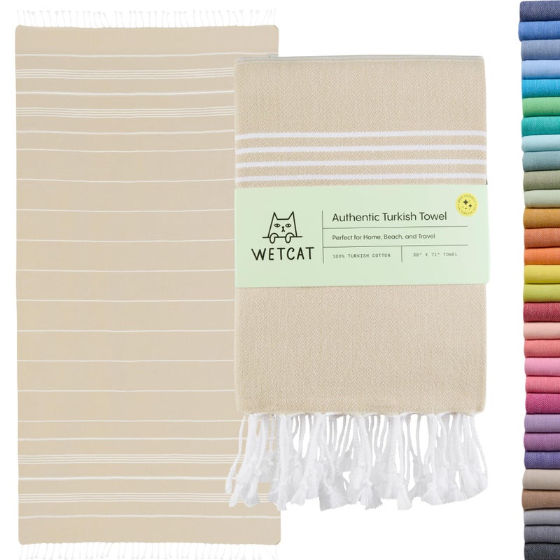WETCAT Turkish Beach Towel Oversized (38"x71") 100% Turkish Cotton, Made in Turkey - Sand Free, Extra Large, Ultra Soft, Quick Drying, Compact & Lightweight for Travel - Beige - Image 1