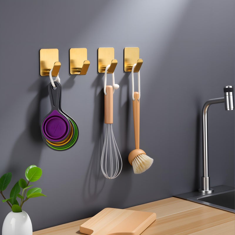 DELITON Adhesive Hooks - 4 Pack Gold Towel Hooks for Hanging Coat/Robe, Heavy Duty Stick on Wall for Bathroom and Kitchen - Image 5