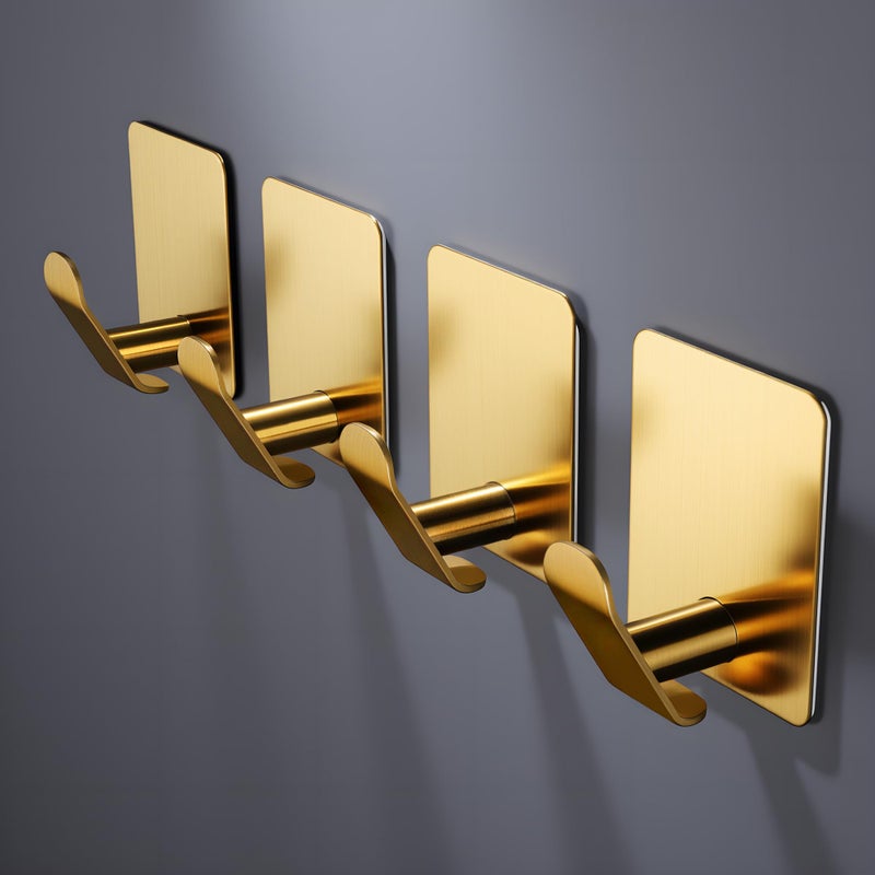 DELITON Adhesive Hooks - 4 Pack Gold Towel Hooks for Hanging Coat/Robe, Heavy Duty Stick on Wall for Bathroom and Kitchen - Image 2