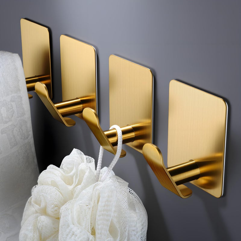 DELITON Adhesive Hooks - 4 Pack Gold Towel Hooks for Hanging Coat/Robe, Heavy Duty Stick on Wall for Bathroom and Kitchen - Image 1