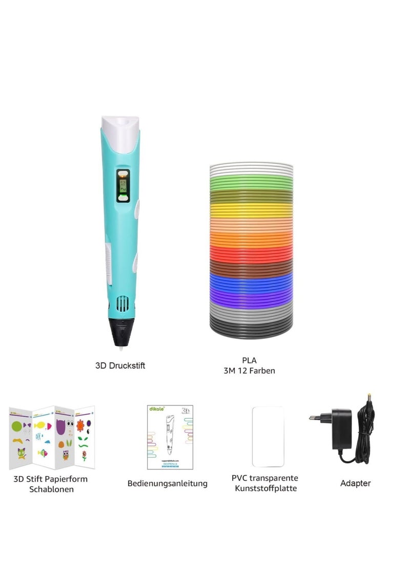 3D Printer Pen Set for Children Adults Gift, 3D Printer Pen with 12 Colours 1.75 mm PLA Filament, Each Colour 3 Metres, 250 Stencils eBook (Blue) - Image 2