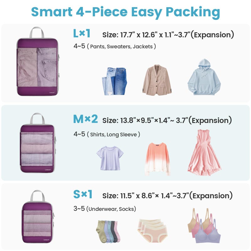 Cambond See Through Mesh Compression Packing Cubes - 4 Set Space Saving Packing Cubes for Travel Women, Lightweight Travel Bags Luggage Packing Organizer Essentials for Suitcases, Purple - Image 5