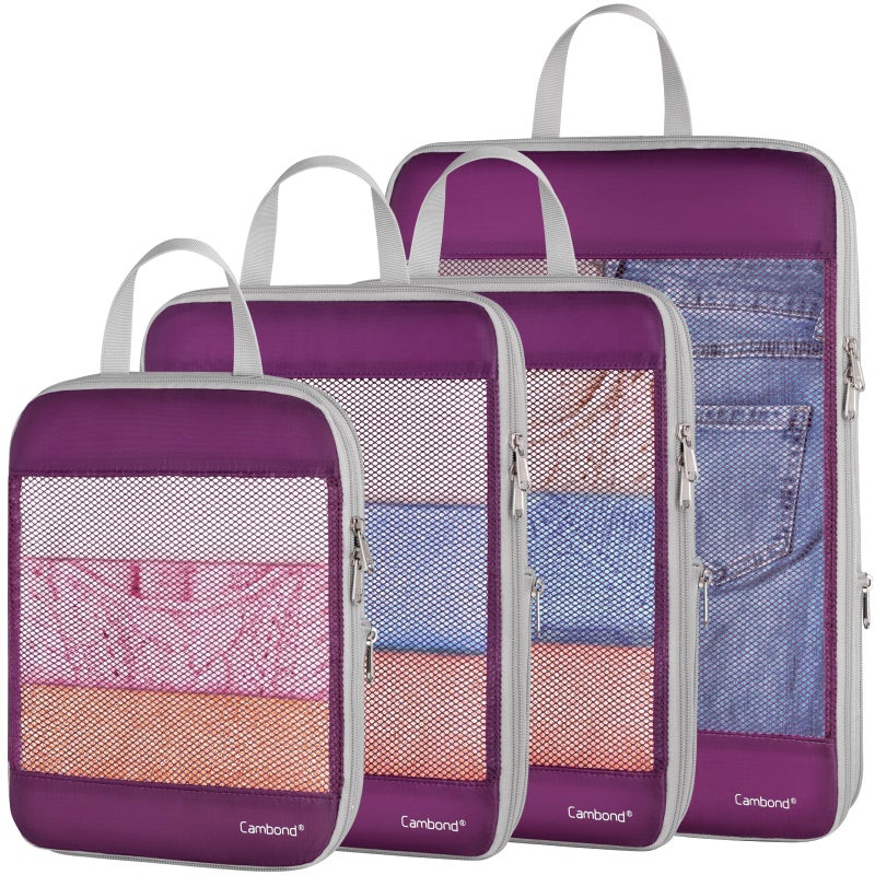 Cambond See Through Mesh Compression Packing Cubes - 4 Set Space Saving Packing Cubes for Travel Women, Lightweight Travel Bags Luggage Packing Organizer Essentials for Suitcases, Purple - Image 1