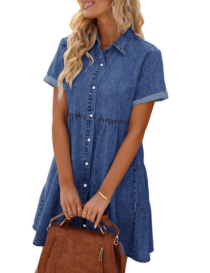 LookbookStore Women's Flowy Jean Dress Short Sleeve Denim Shirt Babydoll Dress for Women Fall Casual Lapel Collared Babydoll Denim Dresses Wishful Blue Size S Size 4 6 - Image 3