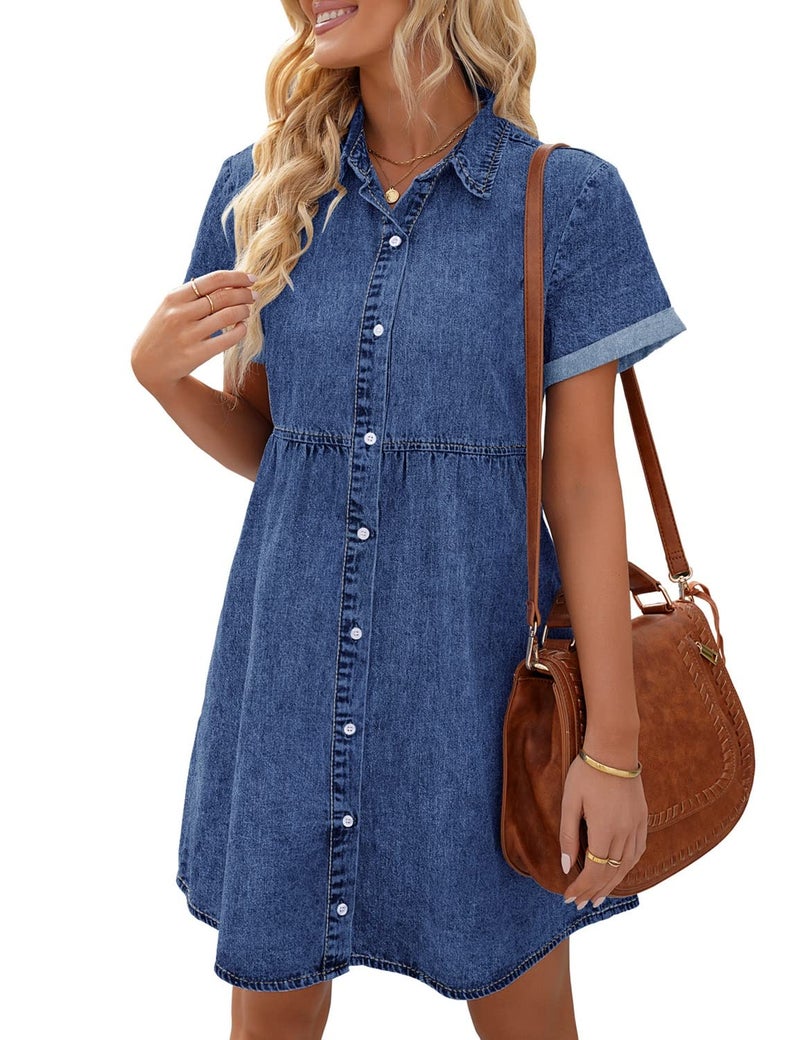LookbookStore Women's Flowy Jean Dress Short Sleeve Denim Shirt Babydoll Dress for Women Fall Casual Lapel Collared Babydoll Denim Dresses Wishful Blue Size S Size 4 6 - Image 1