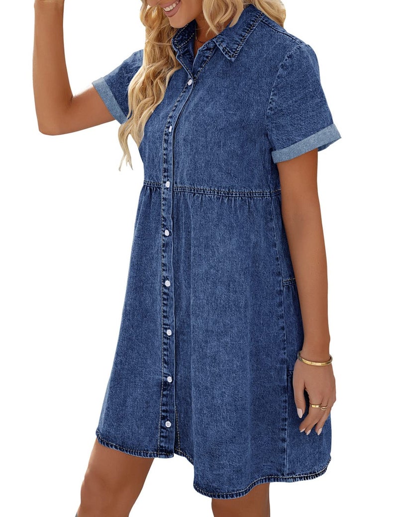 LookbookStore Women's Flowy Jean Dress Short Sleeve Denim Shirt Babydoll Dress for Women Fall Casual Lapel Collared Babydoll Denim Dresses Wishful Blue Size S Size 4 6 - Image 2