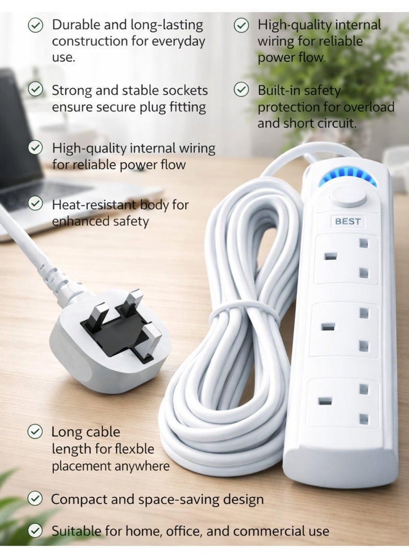 Best Power Extension Socket – 3 Universal Outlets, 1700W High Power, Flame-Retardant Body, Built-In Power Switch, Child Safety Shutter – Model BT-5103 - Image 2