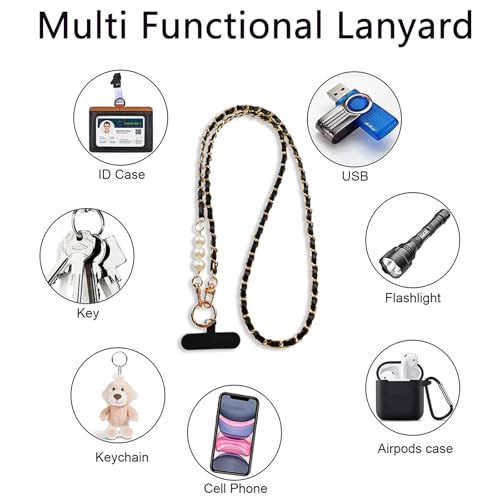 XFSAFDM Universal Phone Lanyard, Phone Chain, Pearl Metal Cell Phone Chain Women Girl Crossbody Strap Anti-Theft Detachable Cellphone Lanyards Around the Neck with Patches for Most Smartphones - Black - Image 4