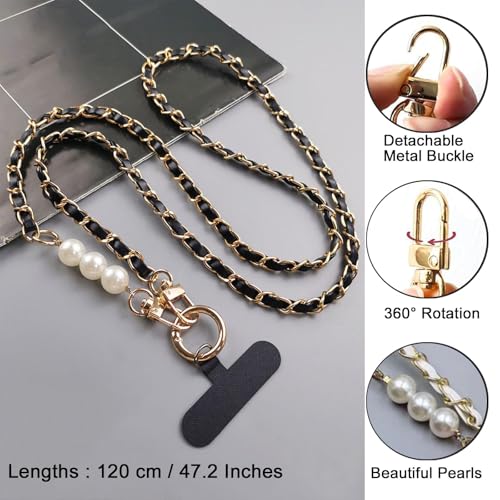 XFSAFDM Universal Phone Lanyard, Phone Chain, Pearl Metal Cell Phone Chain Women Girl Crossbody Strap Anti-Theft Detachable Cellphone Lanyards Around the Neck with Patches for Most Smartphones - Black - Image 2