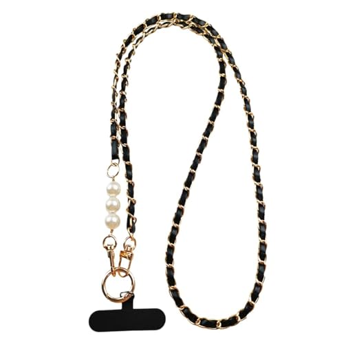XFSAFDM Universal Phone Lanyard, Phone Chain, Pearl Metal Cell Phone Chain Women Girl Crossbody Strap Anti-Theft Detachable Cellphone Lanyards Around the Neck with Patches for Most Smartphones - Black - Image 1