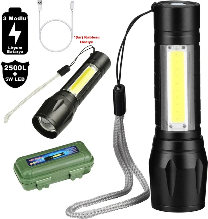 caddeoutlet New Model 2500 Lumens + 5W Cob LED USB Lion Rechargeable Ultra Powerful Waterproof Rechargeable Flashlight