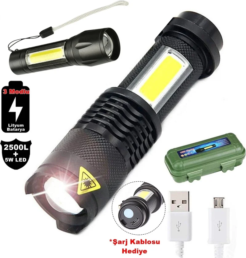 caddeoutlet New Model 2500 Lumens + 5W Cob LED USB Lion Rechargeable Ultra Powerful Waterproof Rechargeable Flashlight