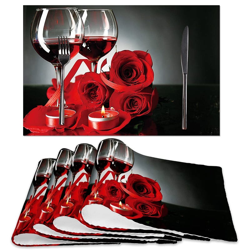 Red Wine Rose Candle Placemats Set of 4Red and Black Table Place Mats Waterproof Burlap Washable Dining Placemats for Home Kitchen Decorations