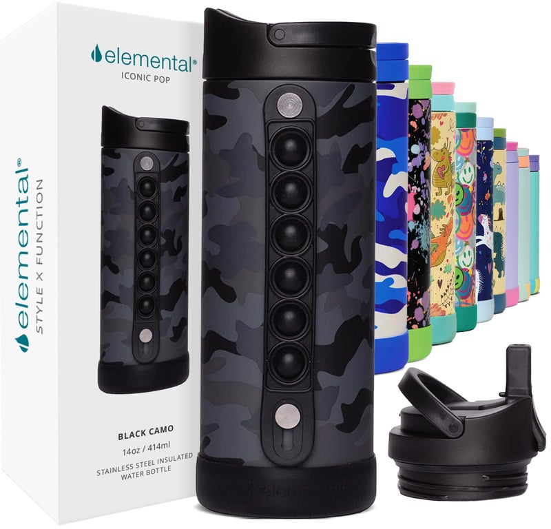 Elemental Iconic Kids Water Bottle with Straw Lid  Stress Relief Pop It Handle LeakProof When Closed Triple Insulated Kids Stainless Steel Water Bottle For Girls and Boys 14oz  Black Camo