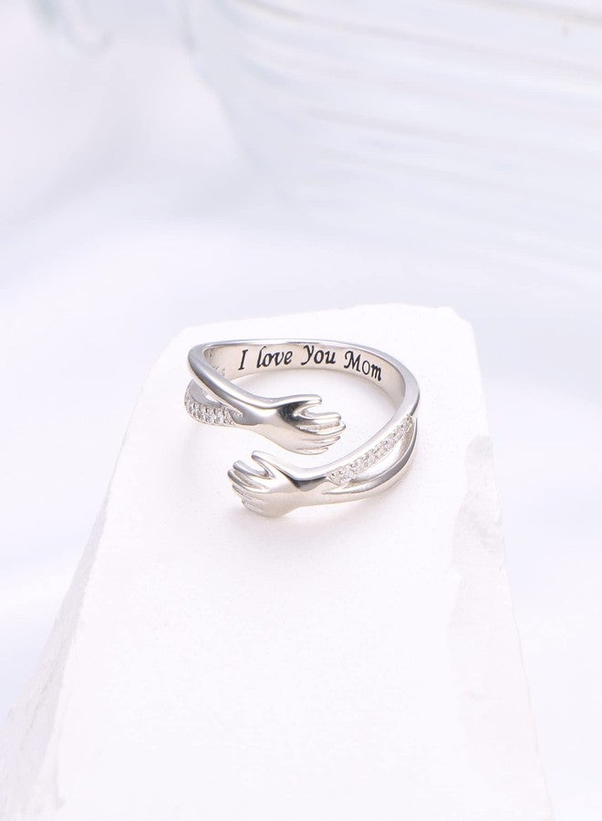 Yearace Hug Ring, S925 Sterling Silver Hugging Hands CZ Open Ring Engraved I Love You Mom Embrace Adjustable Statement Ring for Mothers' Day - Image 4