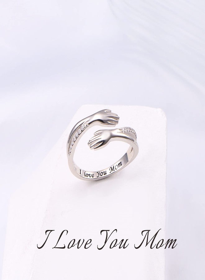 Yearace Hug Ring, S925 Sterling Silver Hugging Hands CZ Open Ring Engraved I Love You Mom Embrace Adjustable Statement Ring for Mothers' Day - Image 5