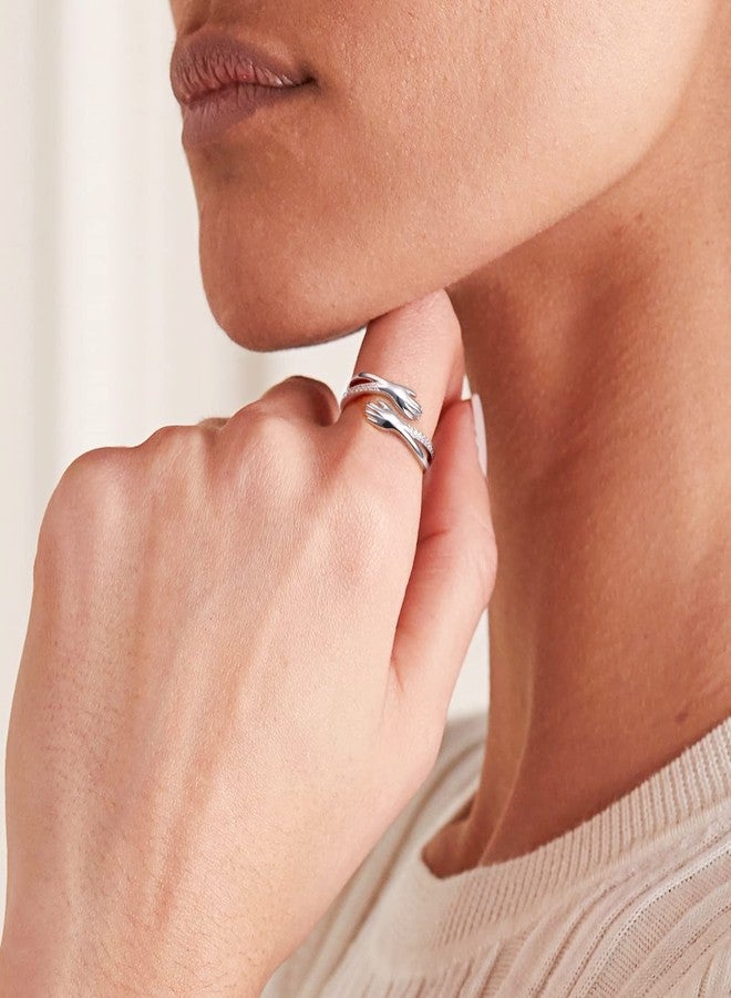 Yearace Hug Ring, S925 Sterling Silver Hugging Hands CZ Open Ring Engraved I Love You Mom Embrace Adjustable Statement Ring for Mothers' Day - Image 3