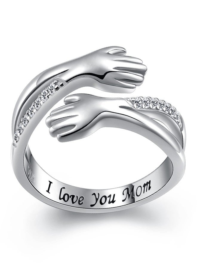 Yearace Hug Ring, S925 Sterling Silver Hugging Hands CZ Open Ring Engraved I Love You Mom Embrace Adjustable Statement Ring for Mothers' Day - Image 1