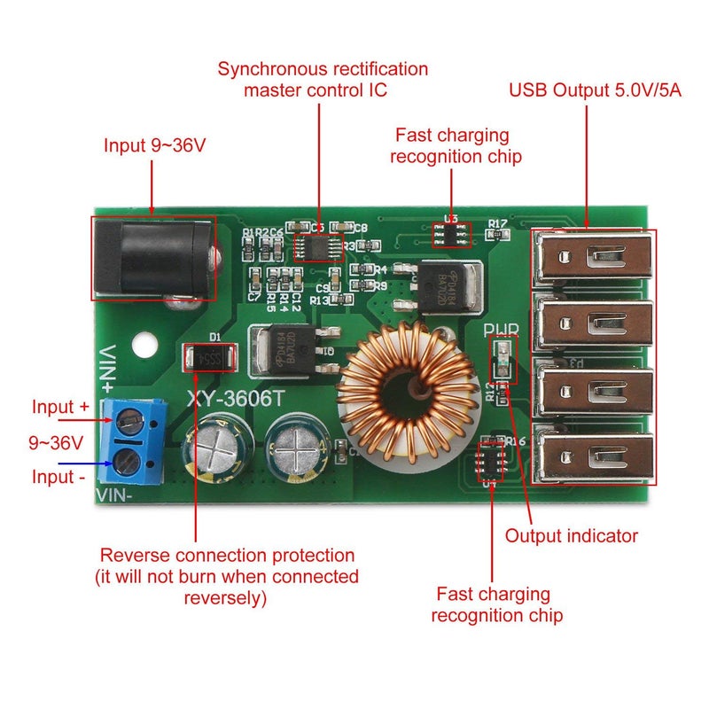 REES52 REES52 DCDC Buck Power Supply Module 936V to 5V Low Voltage Regulator Converter 5A 25W Volt Transformer with 4 USB Port Supporting Fast Charging for Android Phone - Image 2