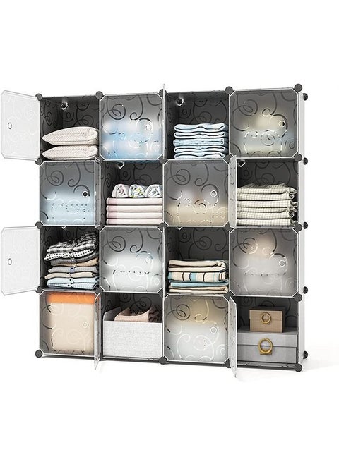 Cube Storage Organizer 16 Cubby Clothes Storage Shelves Plastic Closet Wardrobe  with Doors for Bedroom Home