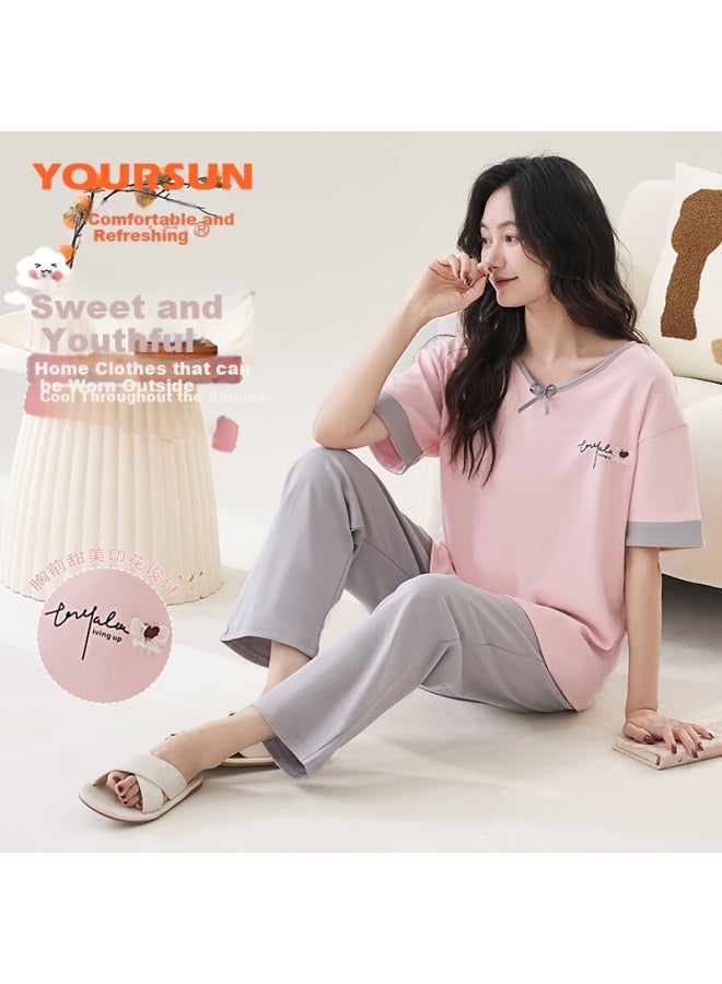 Your Sun Comfortable And Cool 100% Cotton Women's Pajamas Set For Summer, Short Sleeve Top And Long Pants, Loose Fit Casual Loungewear For Home Wear - Image 3