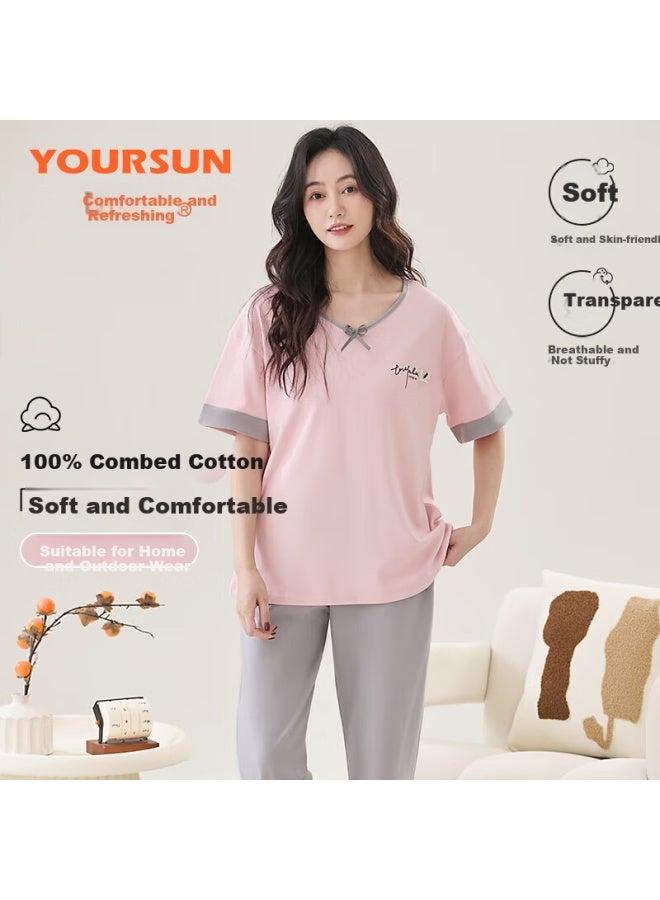 Your Sun Comfortable And Cool 100% Cotton Women's Pajamas Set For Summer, Short Sleeve Top And Long Pants, Loose Fit Casual Loungewear For Home Wear - Image 1