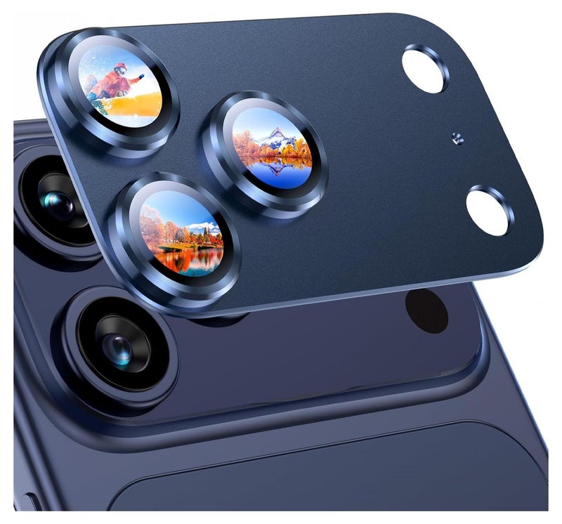 حامي عدسة كاميرا آيفون 17 برو ماكس ترقية لاصق قوي سبائك معدنية زجاج مقسى حامي شاشة الكاميرا الخلفية غلاف فيلم مقاوم للكسر (أزرق داكن) - Image 1