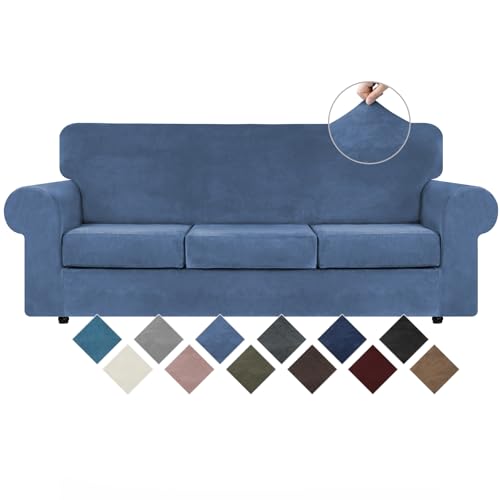 WEERRW Velvet Plush Fabric 4 Pieces Sofa Covers for 3 Cushion Couch with Elastic Bottom Straps in Light Blue