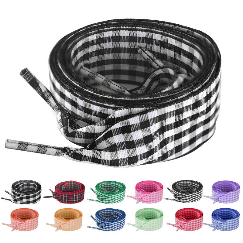 UamGlsob 25MM Gingham Ribbon Shoe Laces, Checkered Plaid Satin Fancy Cute Shoelaces Replacement Strings for Women Sneakers (Black,54"/140cm) - Image 1