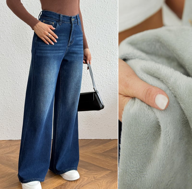 heipeiwa Women's Fleece Lined Jeans Wide Leg Baggy Winter Thermal Flannel Y2K Boyfriend Jean Denim Pants Dark Blue - Image 4