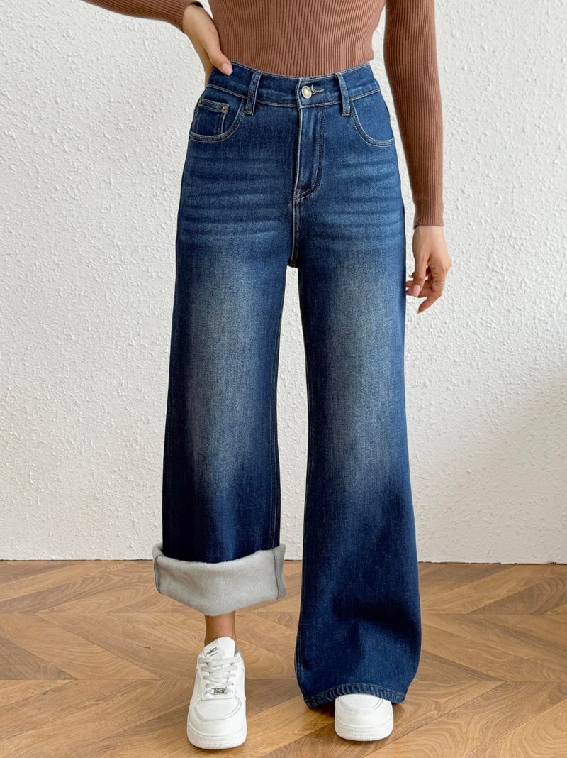 heipeiwa Women's Fleece Lined Jeans Wide Leg Baggy Winter Thermal Flannel Y2K Boyfriend Jean Denim Pants Dark Blue - Image 2