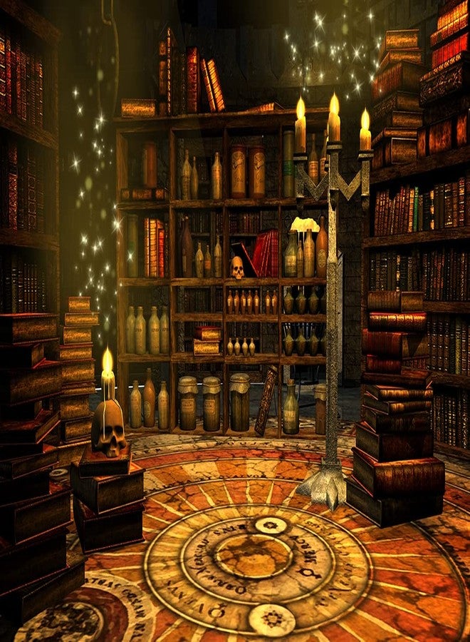 BELECO 7x5ft Fabric Magical Wizard Study Room Backdrop for Photography Ancient Library Bookshelf Magic Books Potion Skulls Candles Elves Magician Tarot Alchemy Backdrop Photo Booth Studio Props - Image 1