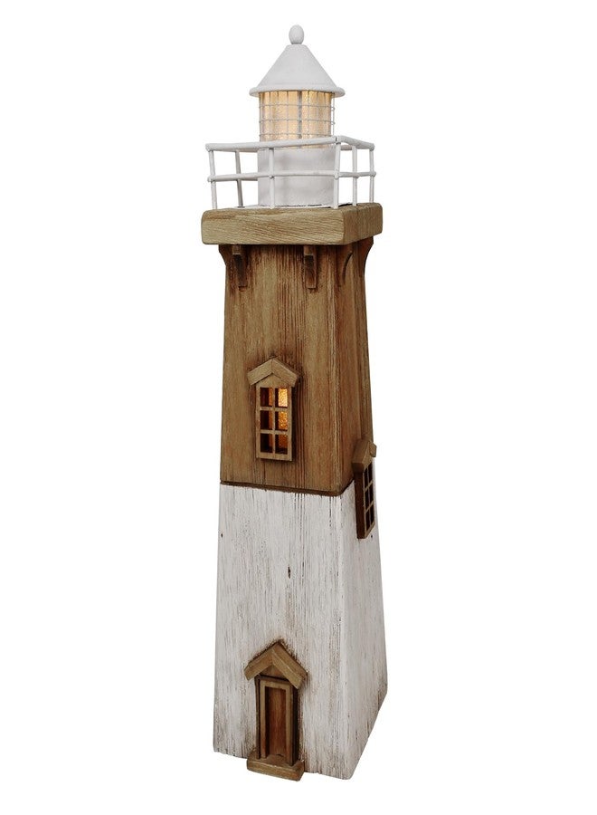 Linfevisi Wood Lighthouse Decor Rustic LED Light House Decor Wooden Decorative Nautical Lighthouse Statue Coastal Beach Themed Lighthouse Handcrafted Tabletop Decoration Home Bathroom (13.78") - Image 1