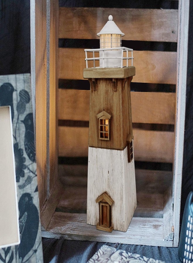 Linfevisi Wood Lighthouse Decor Rustic LED Light House Decor Wooden Decorative Nautical Lighthouse Statue Coastal Beach Themed Lighthouse Handcrafted Tabletop Decoration Home Bathroom (13.78") - Image 5
