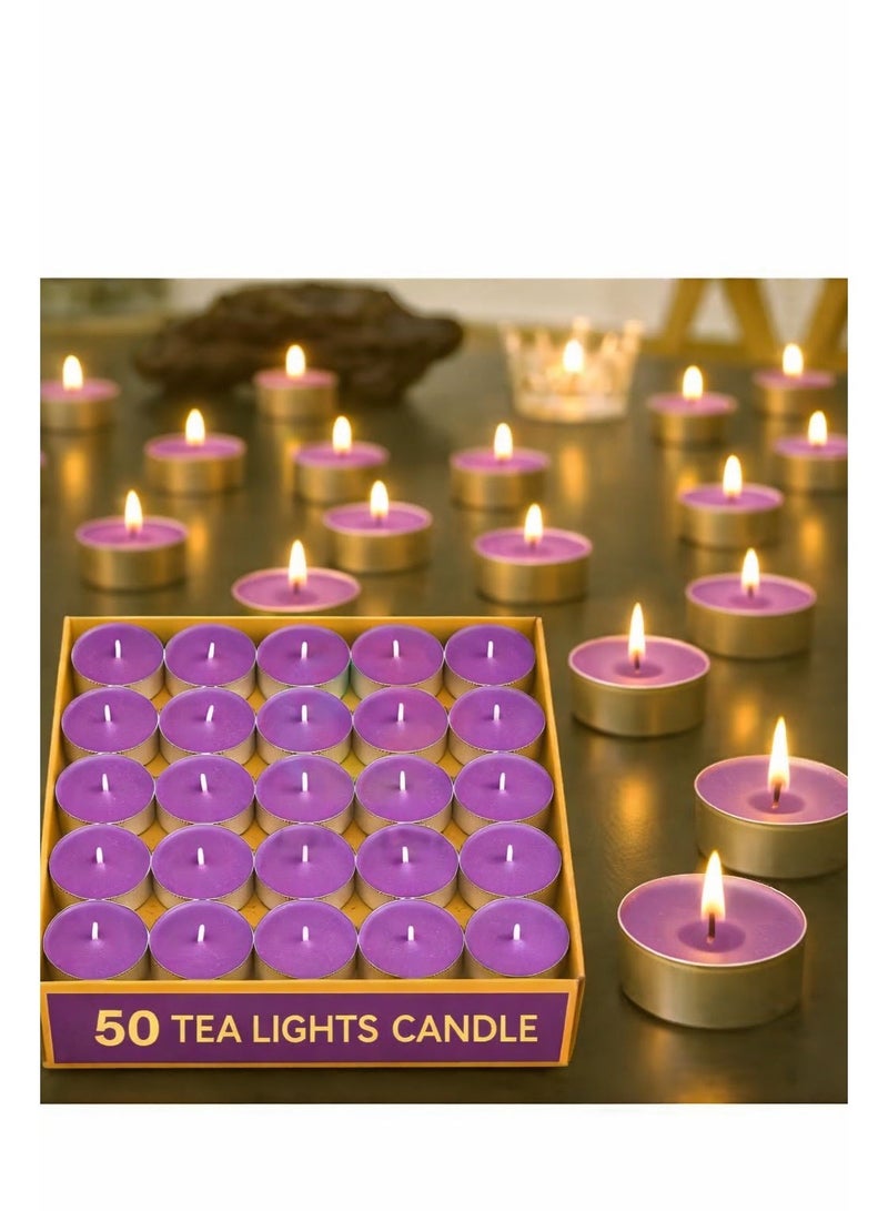 لافيش شموع شاي 50 قطعة، شموع شاي بنفسجية غير معطرة وبدون دخان مع فتيل قطني | مدة احتراق ساعتين | مناسبة لرمضان، عيد الفطر، ديوالي، بوجا، حفلات الزفاف، عيد الميلاد، والسبت - Image 1