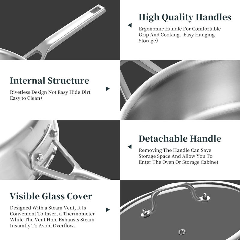 Yeksum 3-Quart Saute Pan with Lid | 10-Inch 3-Ply 18/10 Stainless Steel Deep Fry Pan & Large Skillet, Healthy Non-Toxic Cookware, Oven Safe 600°F & Dishwasher Safe - Image 4