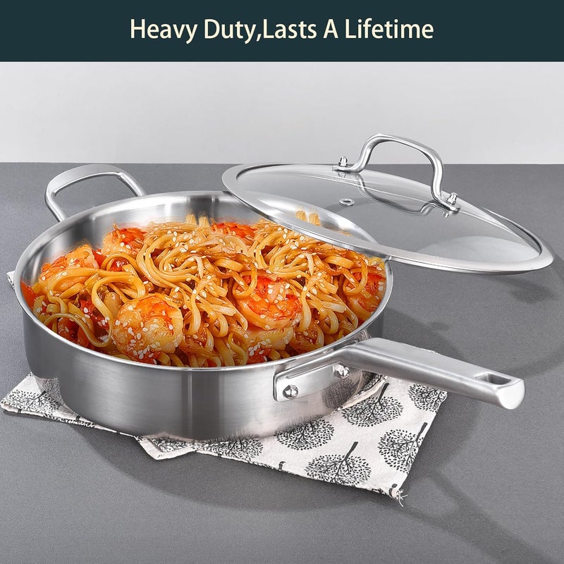 Yeksum 3-Quart Saute Pan with Lid | 10-Inch 3-Ply 18/10 Stainless Steel Deep Fry Pan & Large Skillet, Healthy Non-Toxic Cookware, Oven Safe 600°F & Dishwasher Safe - Image 5