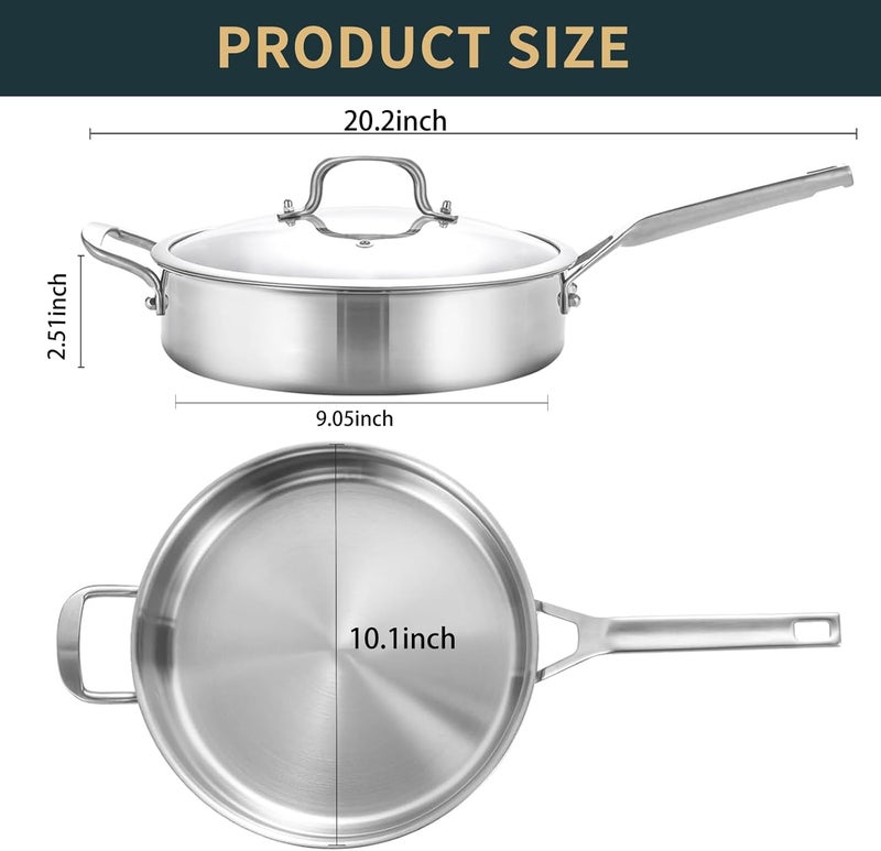 Yeksum 3-Quart Saute Pan with Lid | 10-Inch 3-Ply 18/10 Stainless Steel Deep Fry Pan & Large Skillet, Healthy Non-Toxic Cookware, Oven Safe 600°F & Dishwasher Safe - Image 3