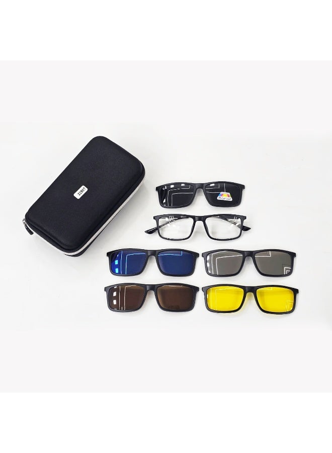 Men’s eyeglasses made from lightweight and flexible TR material, featuring Clip-On technology for quick lens changes. Includes 5 interchangeable lenses suitable for sun protection, driving, night vision, and daily use. The set also comes with its original protective case, ensuring safe storage and easy carrying. Designed with a universal style that fits all variations of the model while offering comfort and durability.