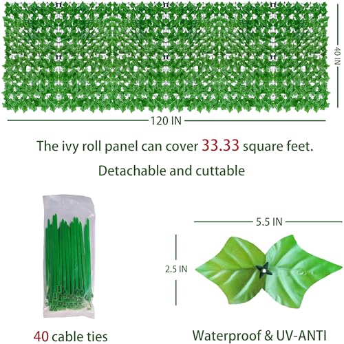 ODTORY Artificial Ivy Privacy Fence Wall Screen,40X120 in UV-Anti Faux Greenery Backdrop Ivy Vine Leaf Hedges Fence Panels for Patio, Balcony, Garden, Backyard Indoor Outdoor Light Green Wall Decor - Image 2