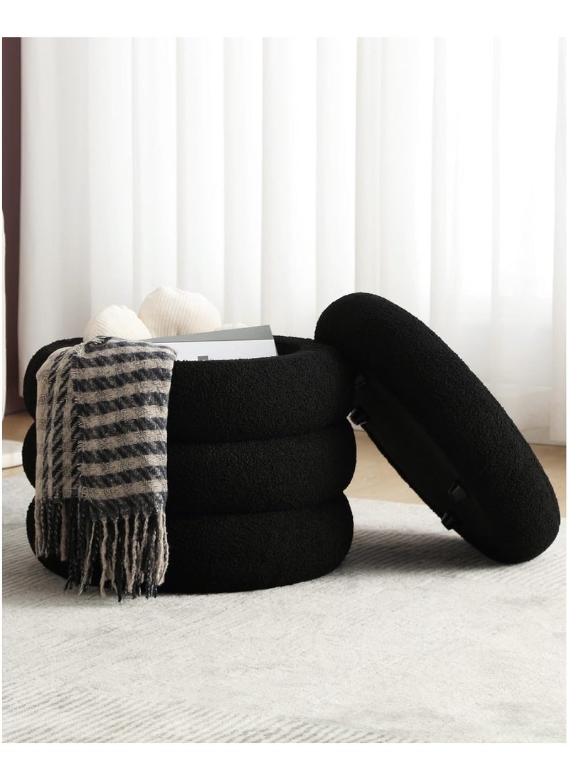 Nice Home Modern Black Sherpa Ottoman – Round Storage Stool with Soft Fluffy Upholstery, Hidden Compartment & Wooden Base for Bedroom, Living Room & Vanity Use  - Image 1