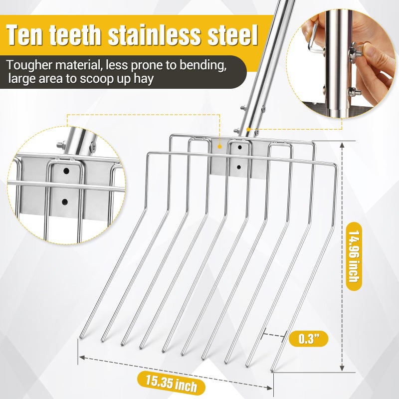 AugFir Pitchfork for Gardening, 50" Multifunctional Stainless Steel Garden Pitchfork with Handle, Suitable for Shoveling, Fertilizing, Transplanting, Mulching Garden Fork - 10 Tines - Image 3